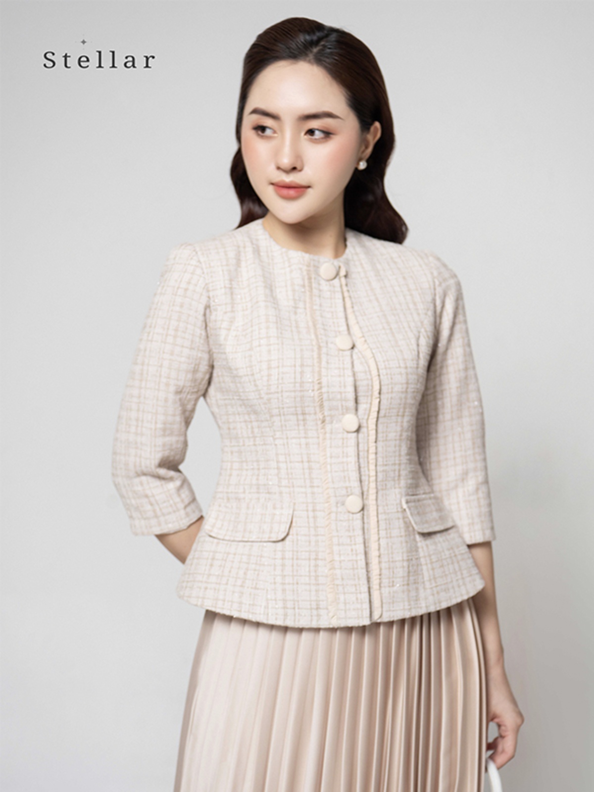 Áo dạ tweed kẻ caro chỉ nhung