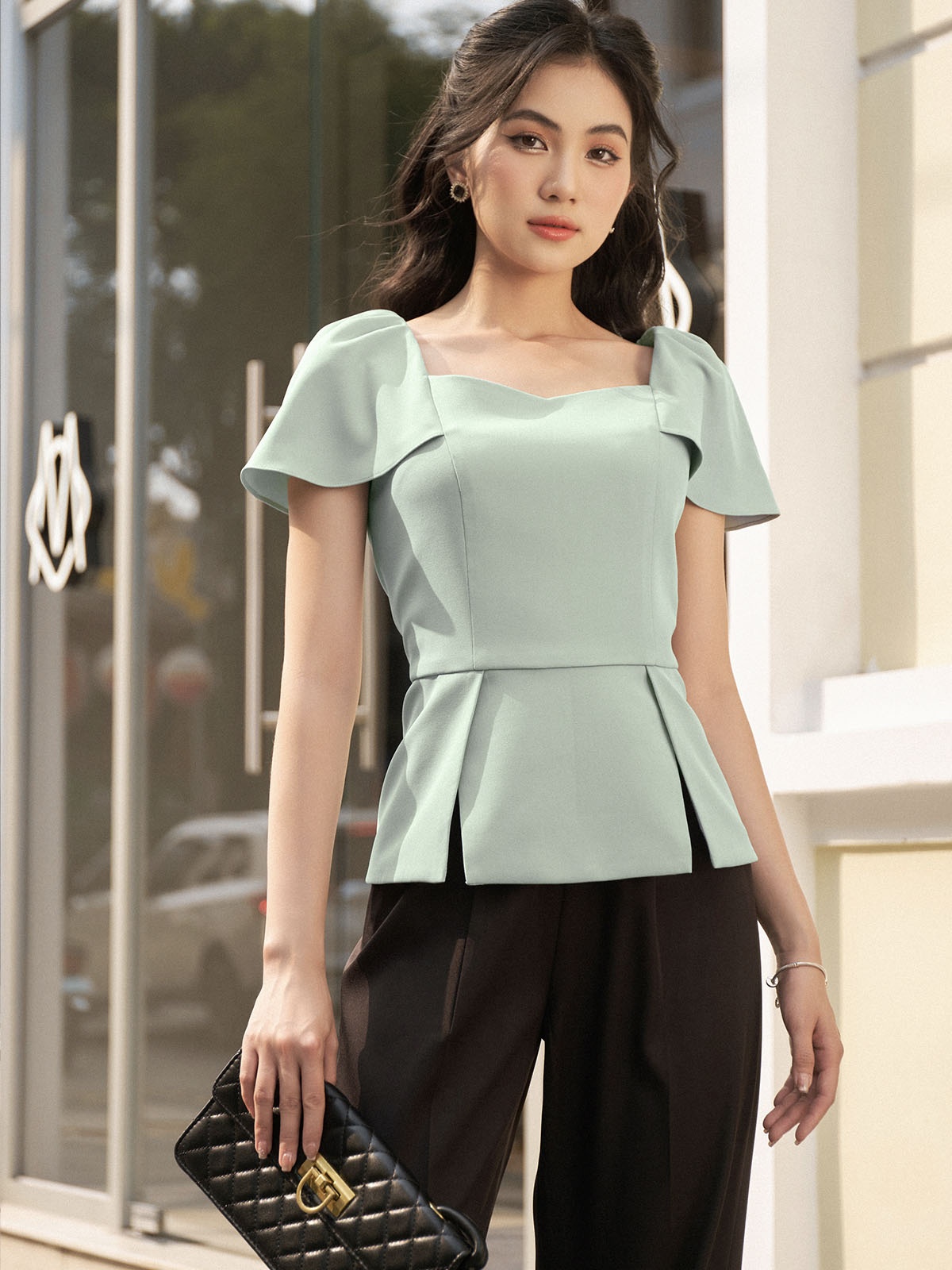 Áo sơ mi peplum xanh mint