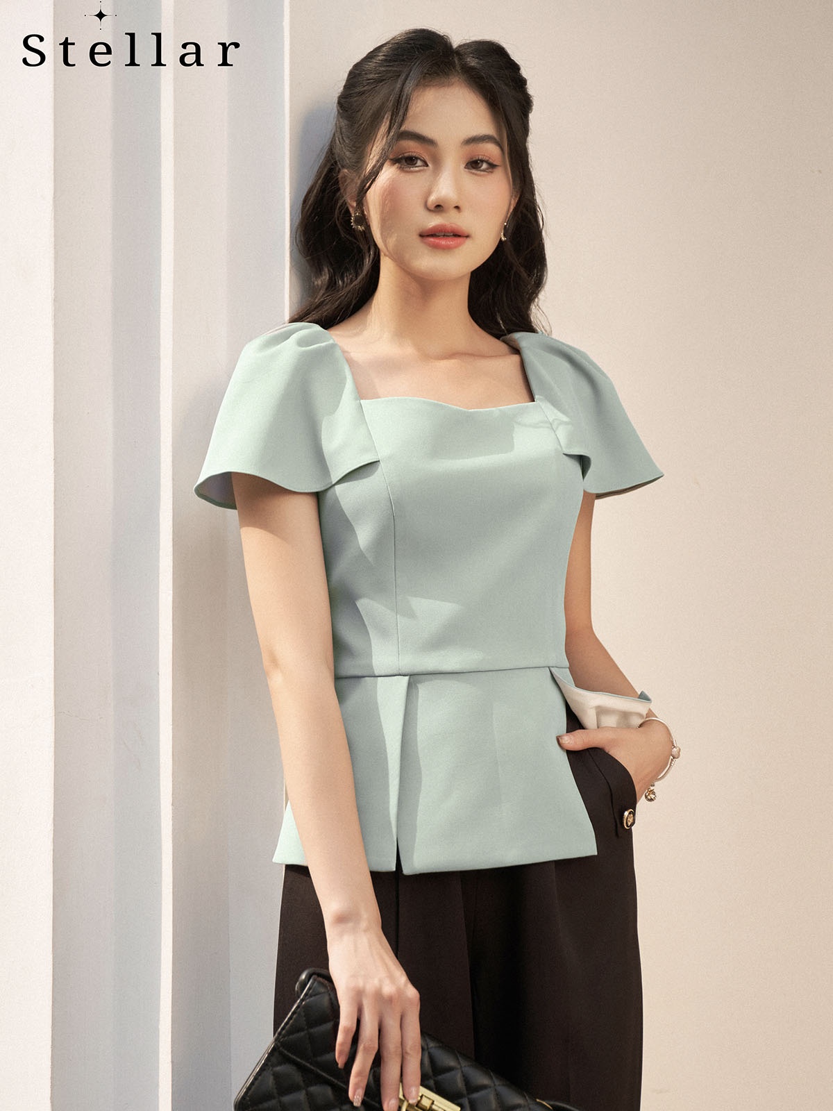 Áo sơ mi peplum xanh mint