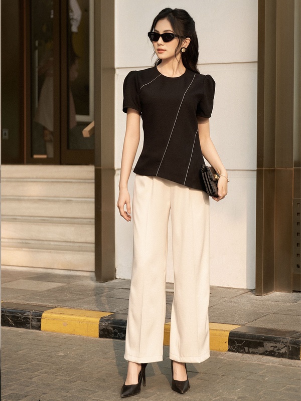 Quần xuông A nhẹ, cạp cao, màu be